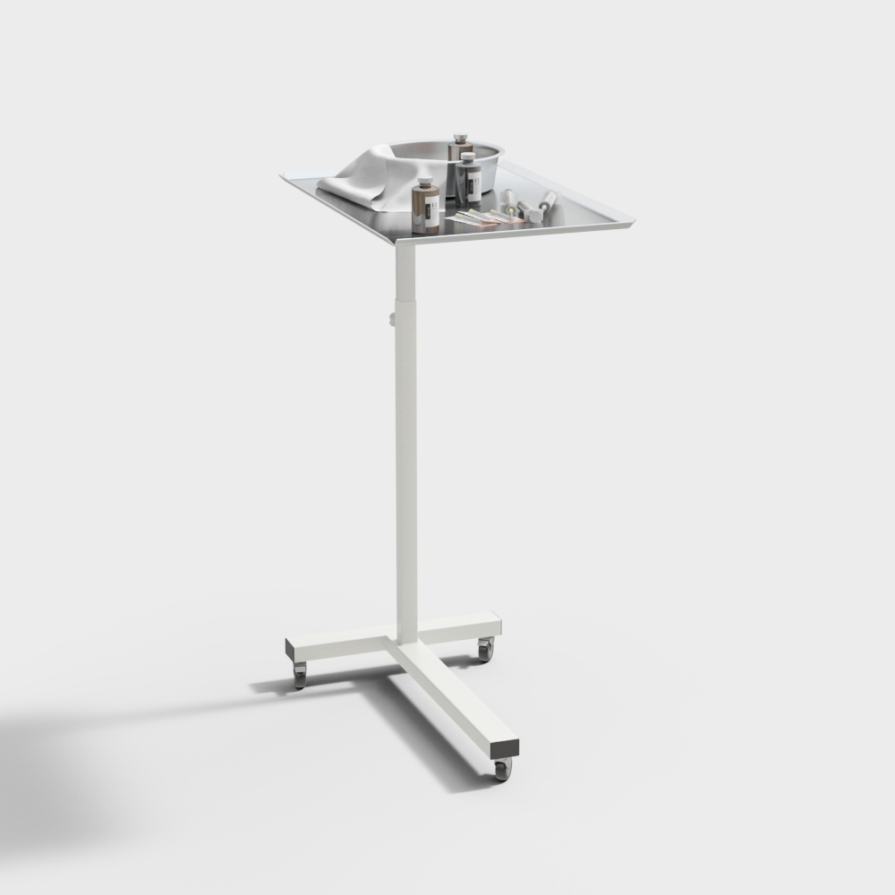 White medical rolling table with metal tray and bottles on light grey background