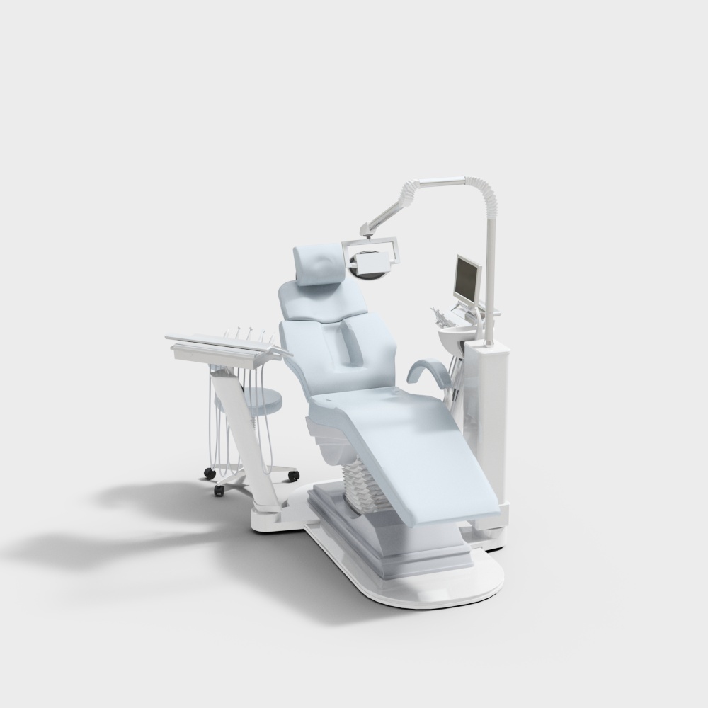 Modern white dental chair with light blue cushion and attached tools on grey background