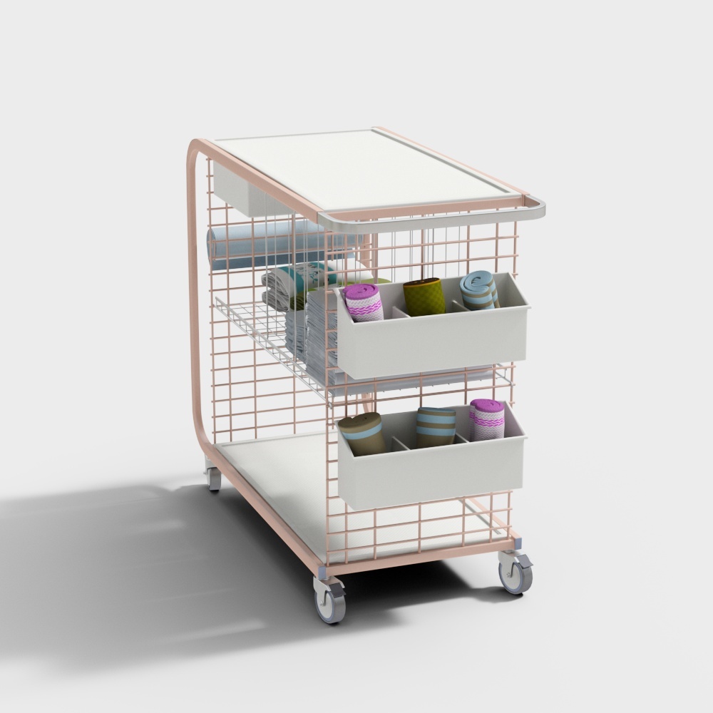 Modern pink metal storage cart with white bins and wheels on light grey background