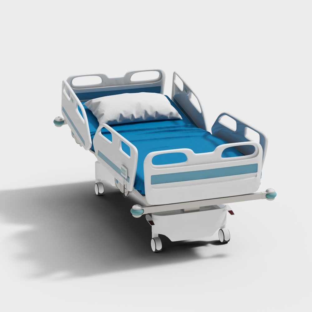 Modern hospital bed with blue mattress and white plastic frame on light grey background