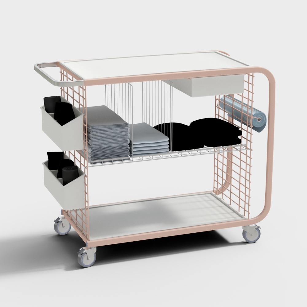 Pink metal rolling cart with white bins and towels on grey background