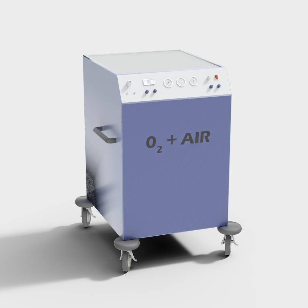 Blue medical oxygen tank cart with white control panel and four wheels on light grey background