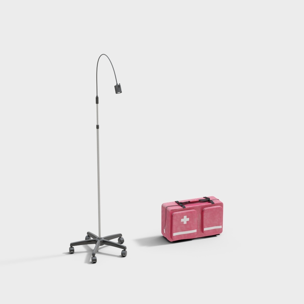 Tall grey medical floor lamp and pink first aid box on white background