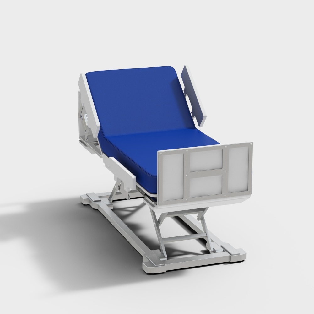 Modern hospital bed with blue mattress and white frame on light grey background
