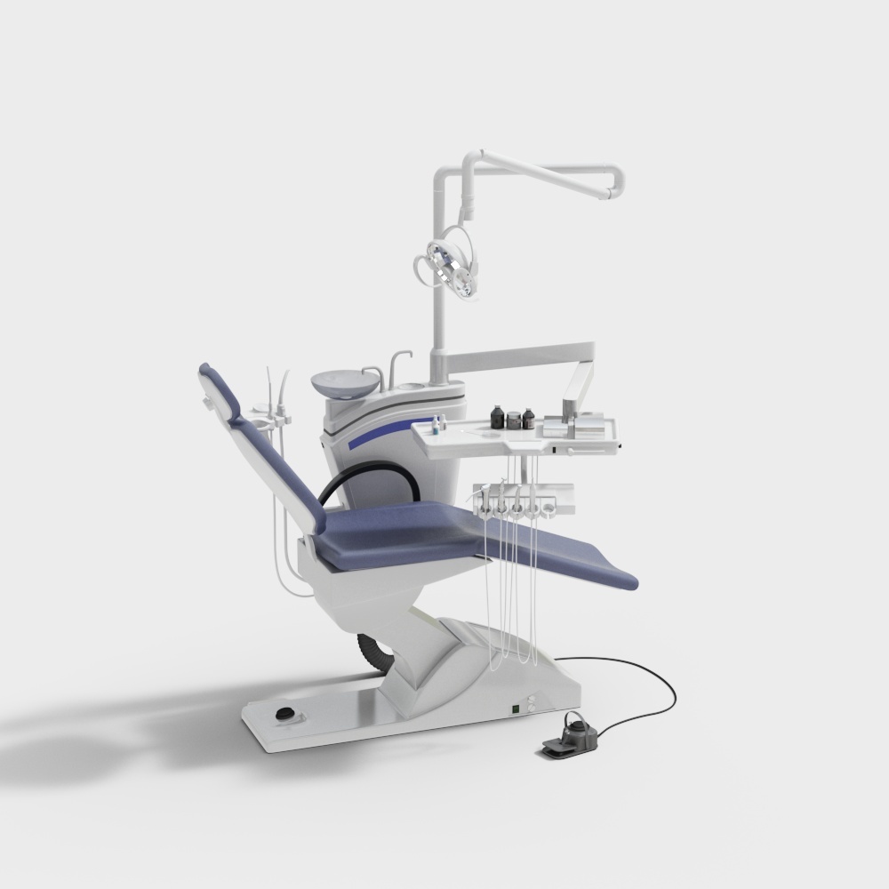 Modern white dental chair with blue seat and overhead light on grey background