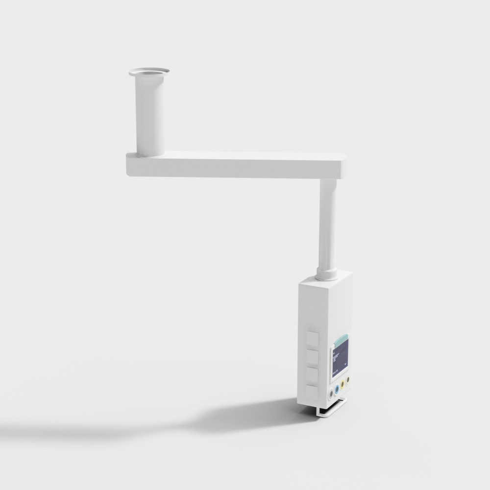 White medical monitor with digital screen and arm on grey background