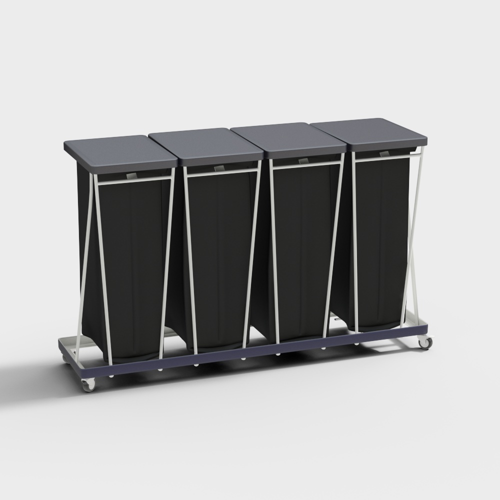 Modern laundry sorting cart with four black bins and grey tops on white background