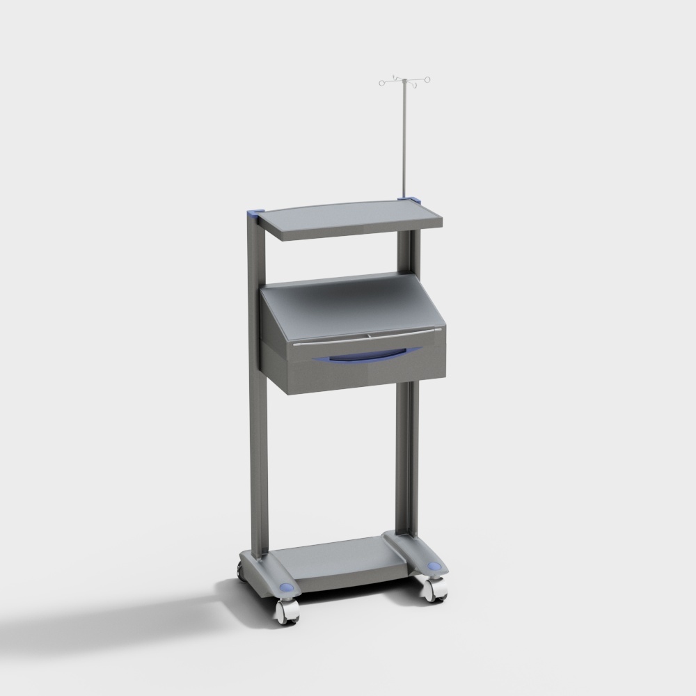 Grey hospital medical cart with drawer and iv pole on grey background