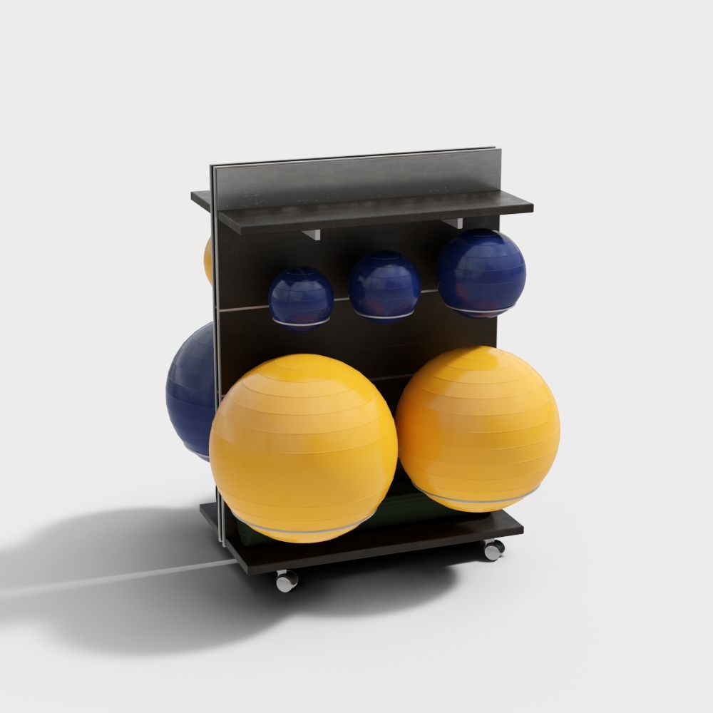 Black metal rack holding large yellow and blue exercise balls on white background