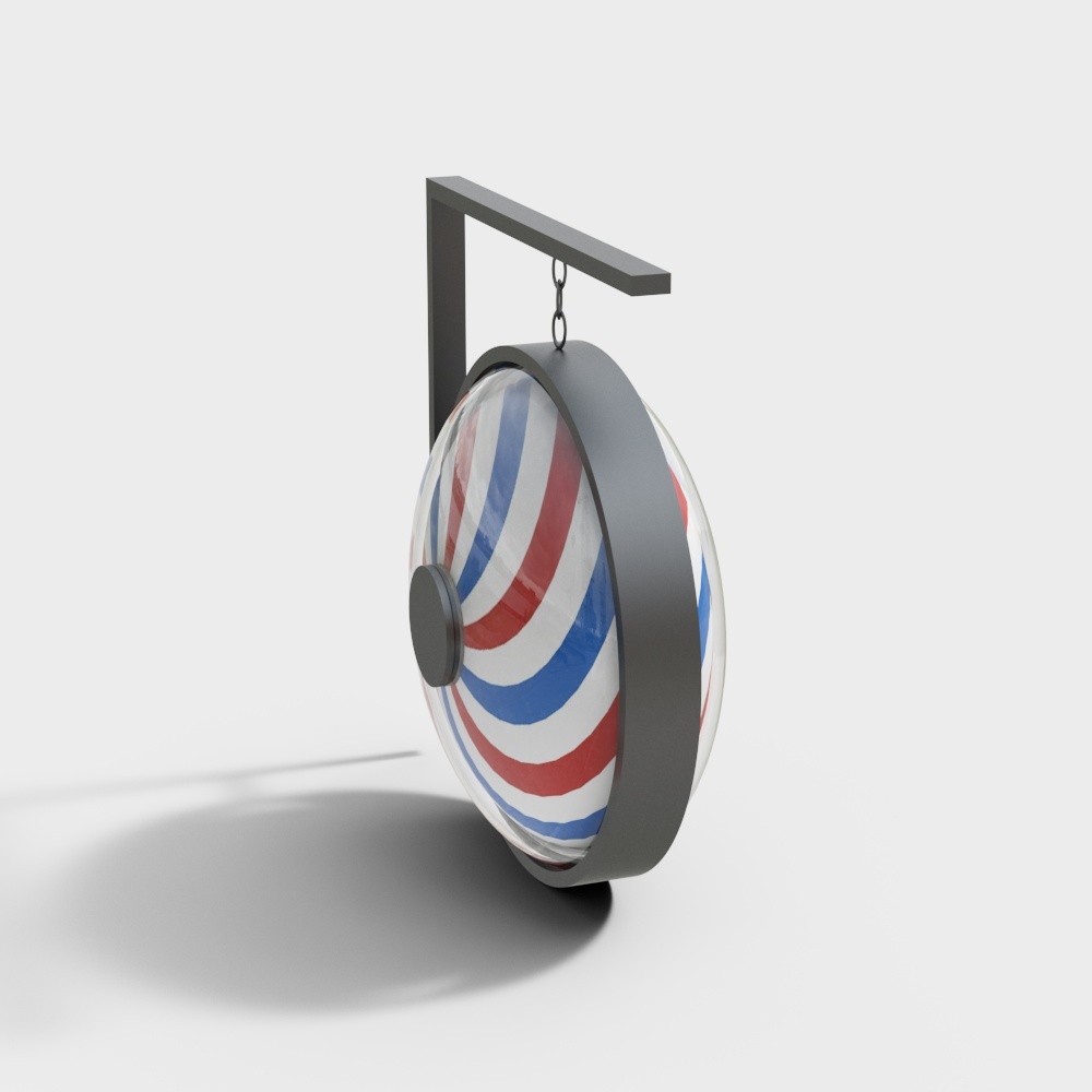 Classic barber shop sign with red white blue stripes on grey background