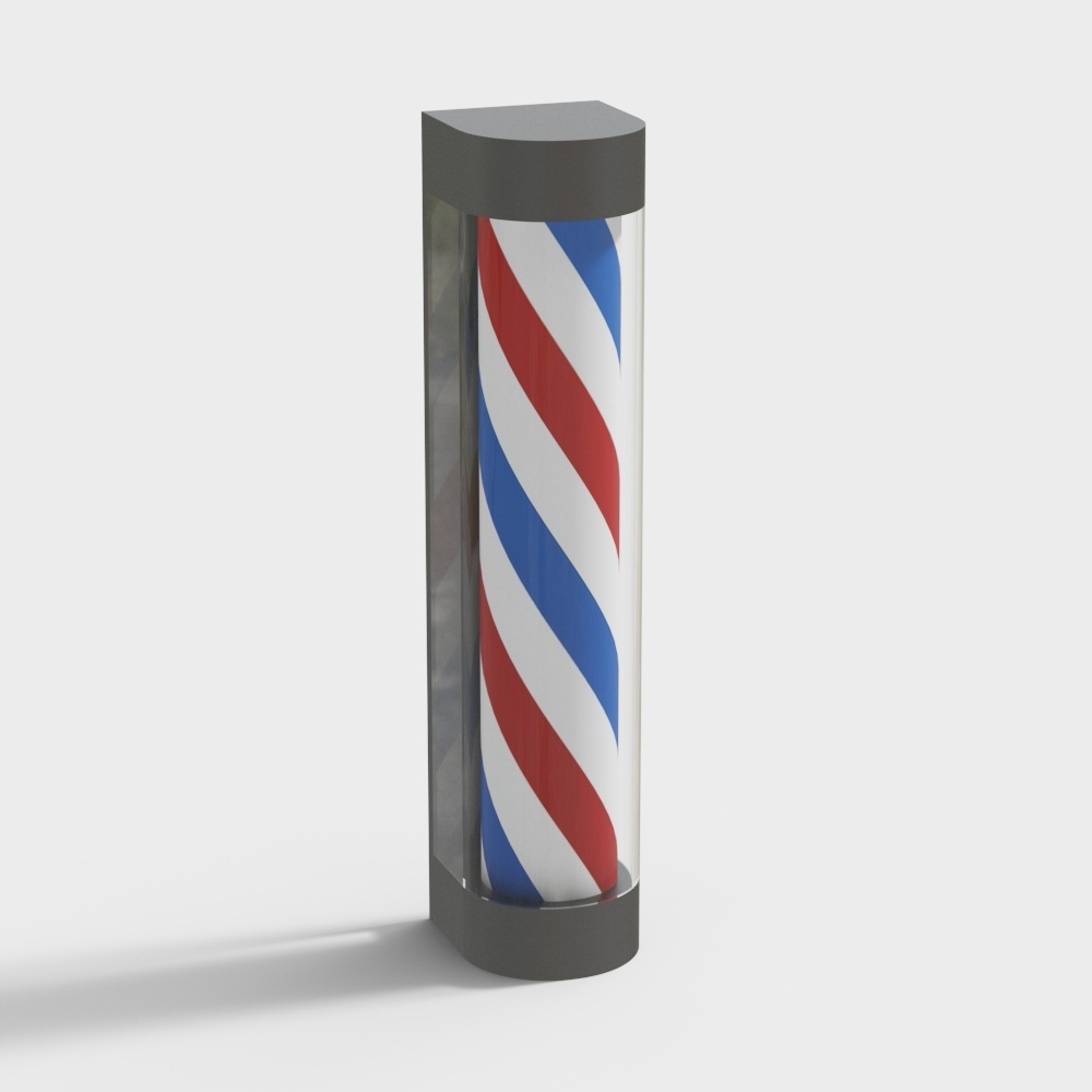 Classic red white and blue striped barber pole sign with grey top on light grey background