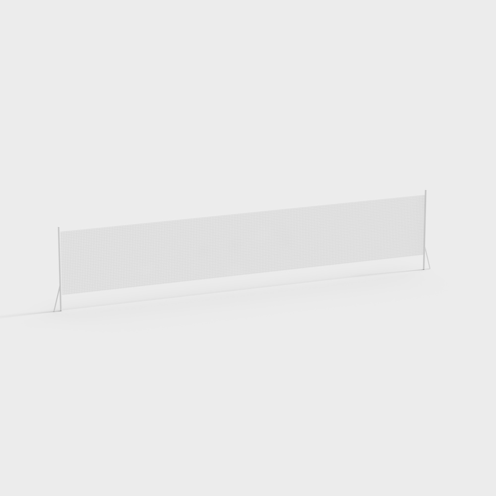Modern white metal mesh office desk divider screen with thin legs on white background