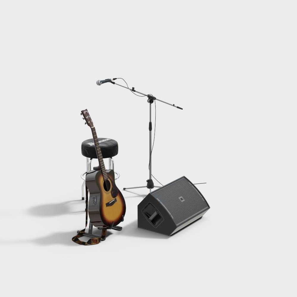 Low Poly Guitar, Microphone Stand & Speaker 3D model