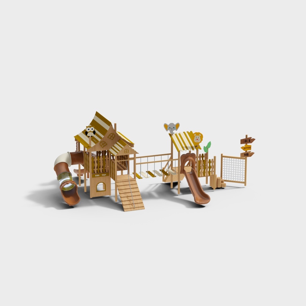 Wooden children playground with slides and rope bridge on grey background