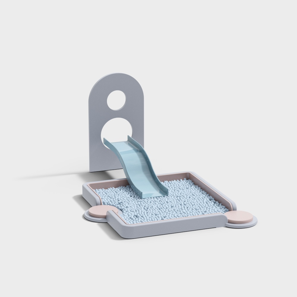Grey cat litter box with blue slide and pink feet on white background