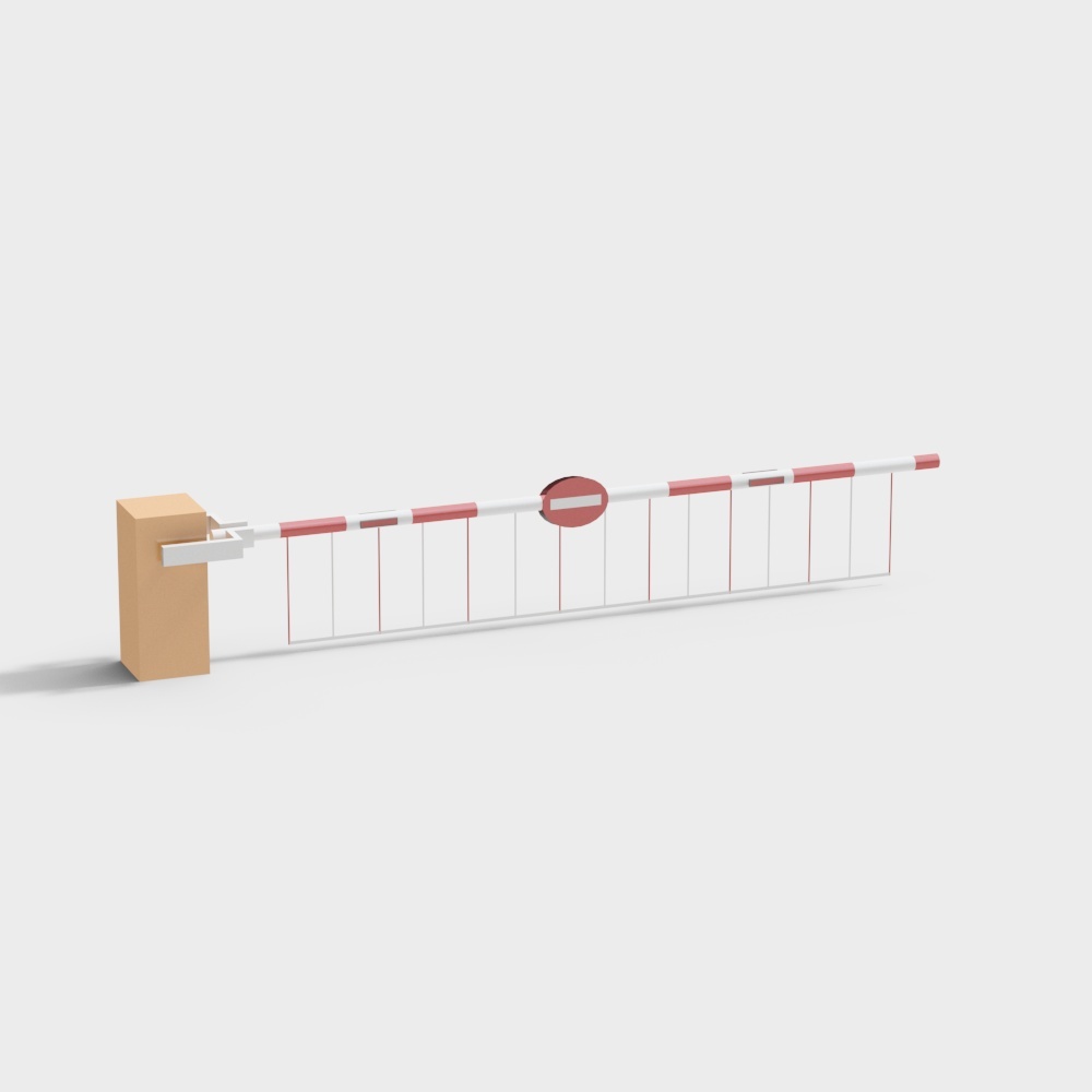 Red and white striped parking barrier gate with beige base on grey background