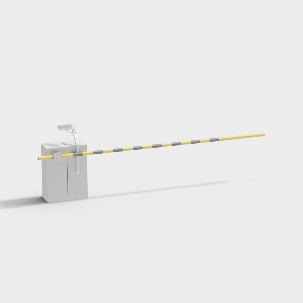 Modern automatic parking barrier gate with yellow and grey striped arm on white background