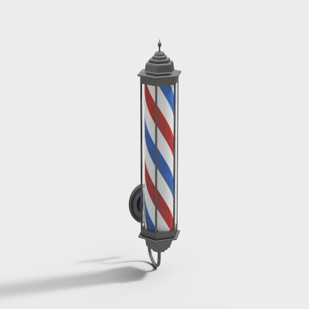 Vintage barber pole with red white and blue stripes on grey background