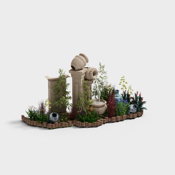 Artistic Fountain 3D model in a Serene Garden