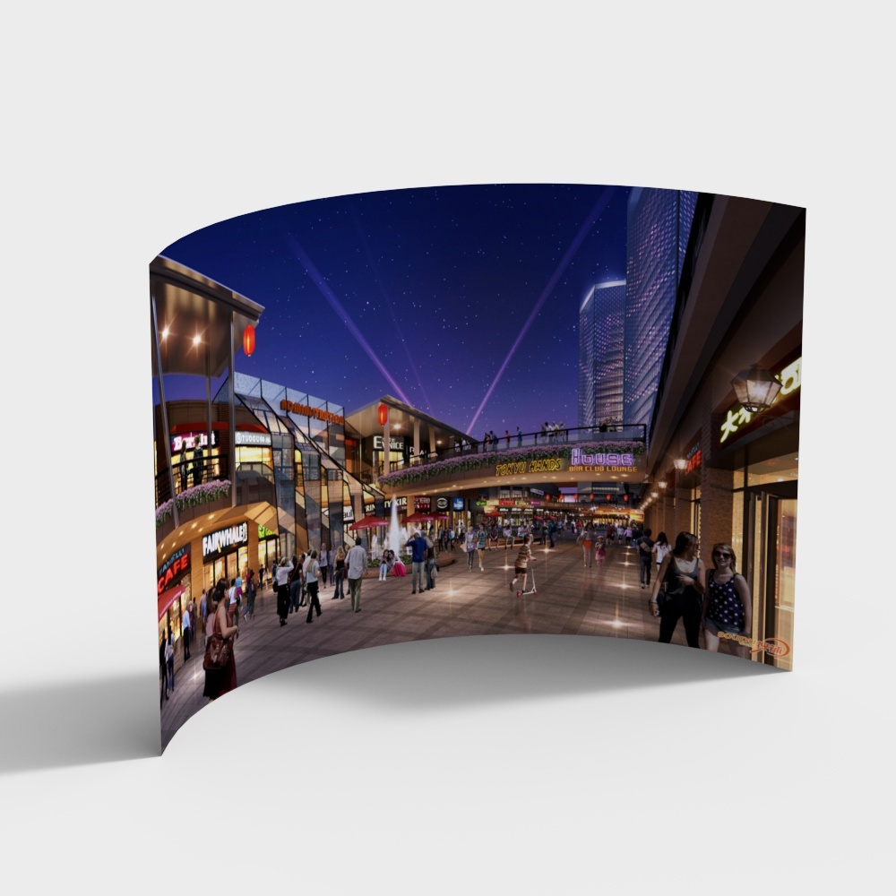 Night outdoor shopping mall street scene with people walking on grey background