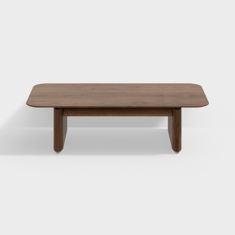 Modern dark brown wooden coffee table with rounded edges and thick legs on white background