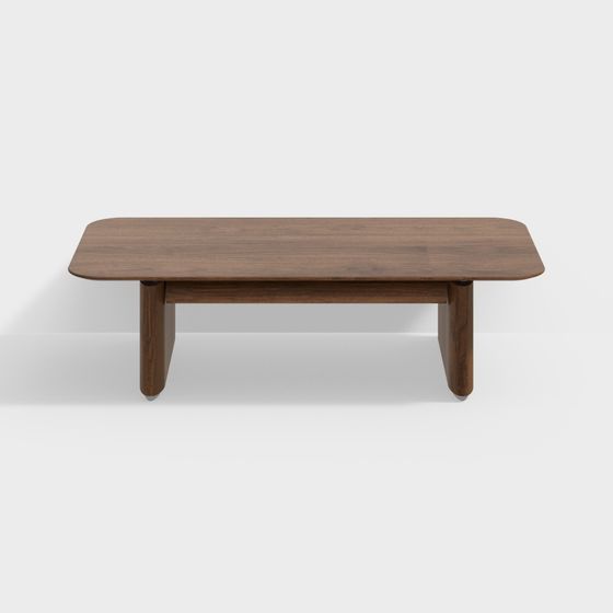 Modern dark brown wooden coffee table with rounded edges and thick legs on white background