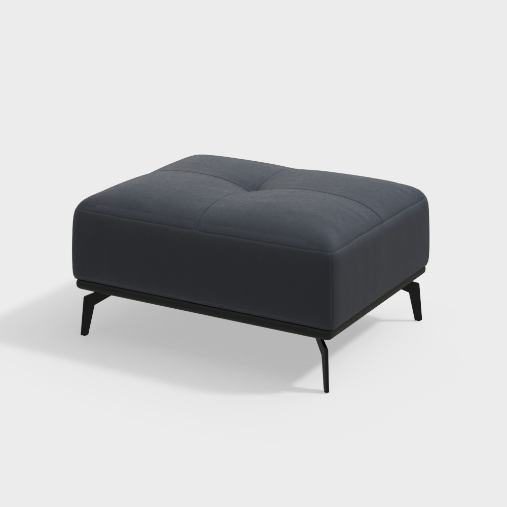 Modern dark grey fabric ottoman with black metal legs on white background