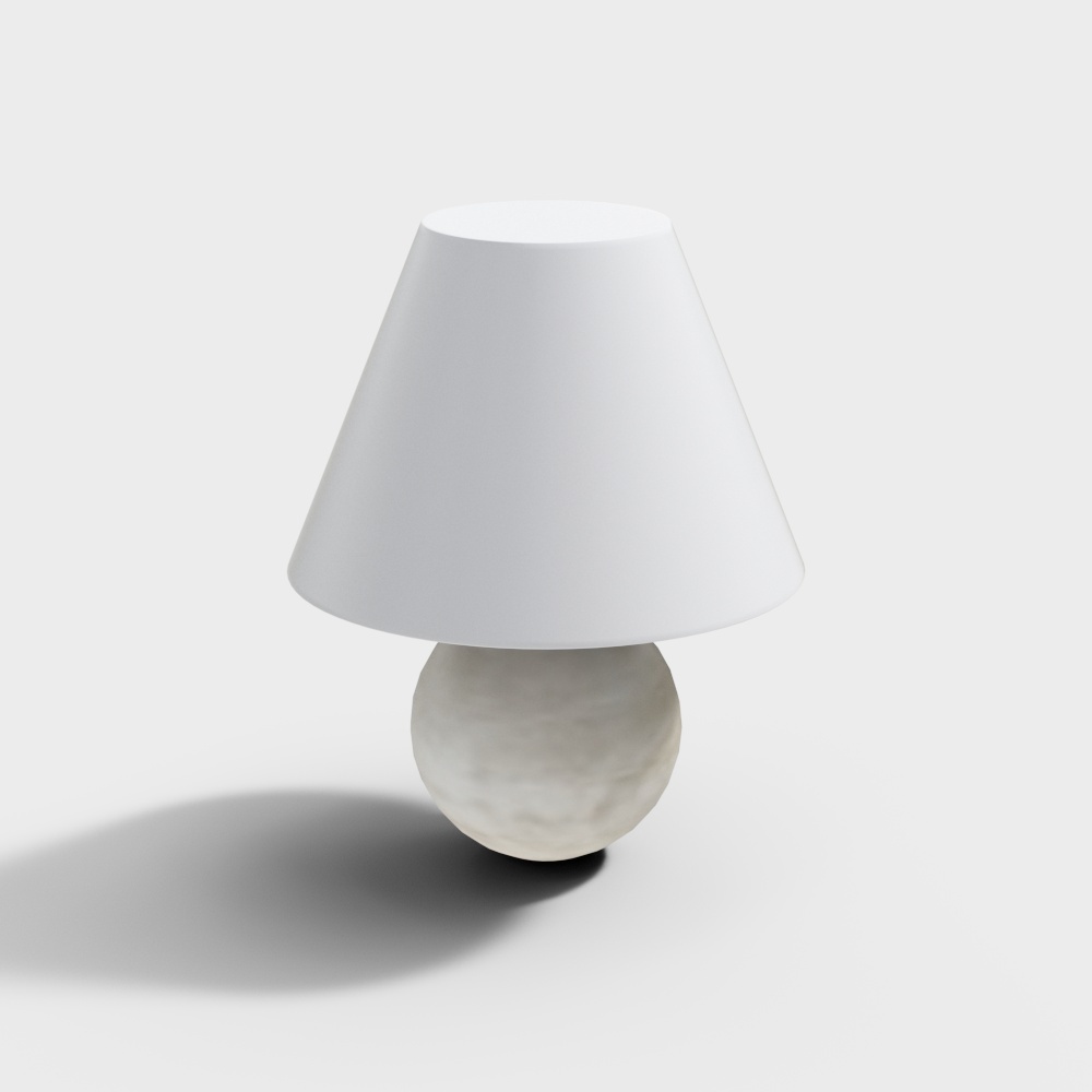 Modern white table lamp with round stone base and conical shade on light grey background