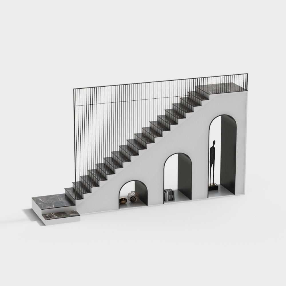 Urban Staircase 3D Model – Marble Steps & Metal Railings