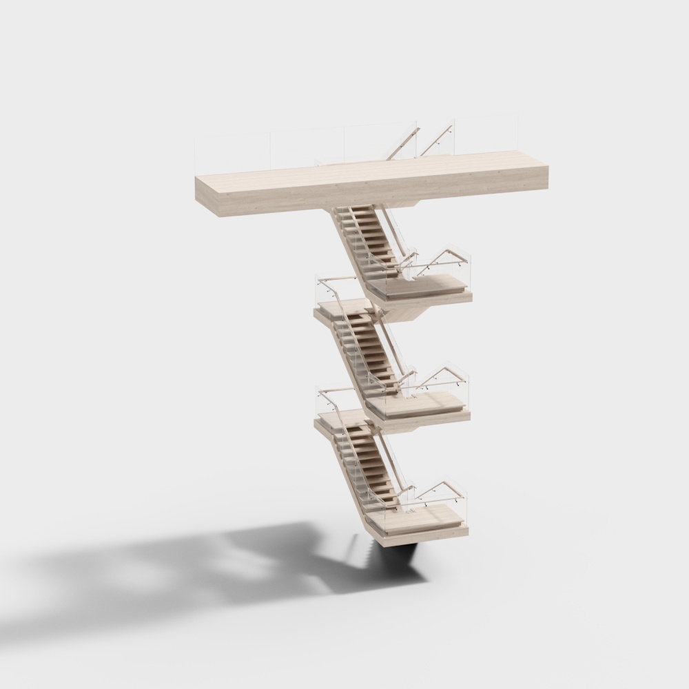 Contemporary Floating Staircase 3D Model – Wood & Glass