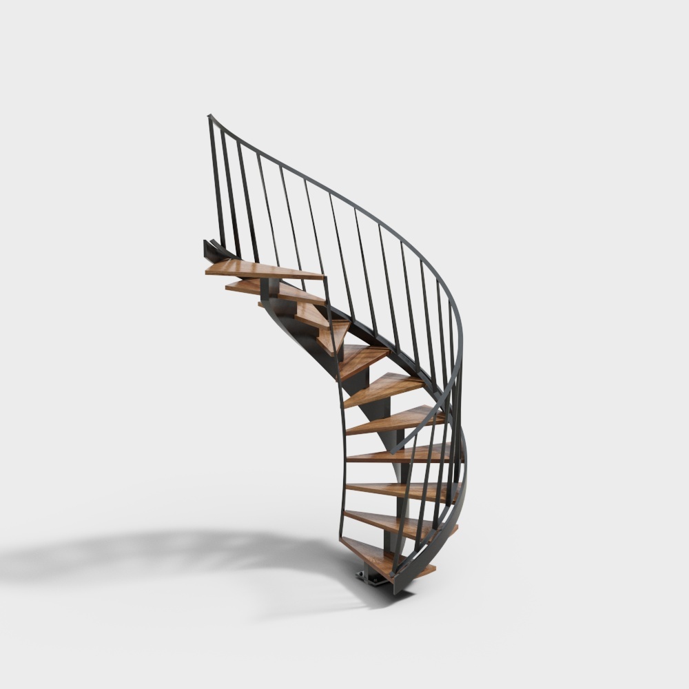 Elegant Curved Staircase 3D Model – Wooden Steps & Metal Railings