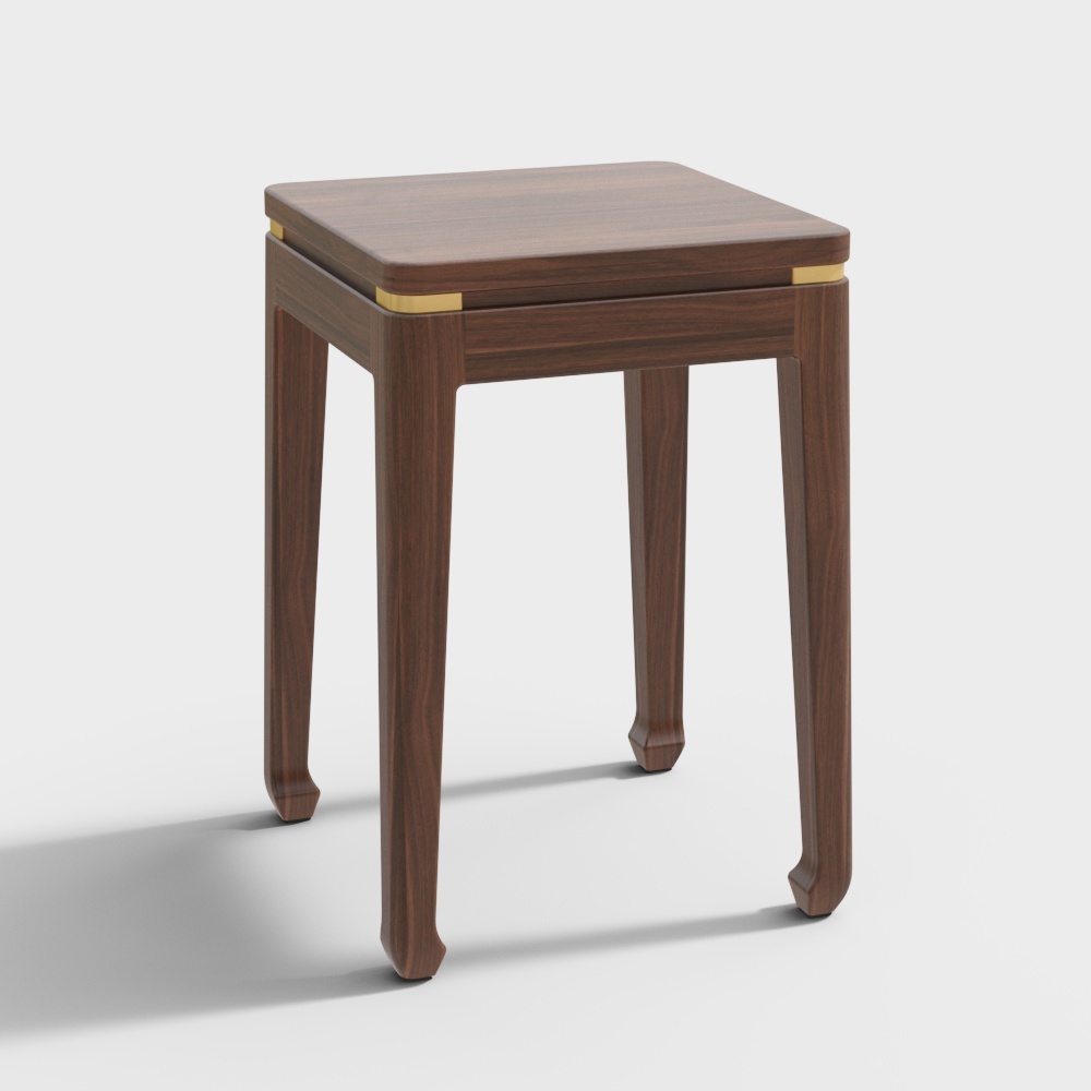 Modern dark brown wooden side table with gold corner details on white background