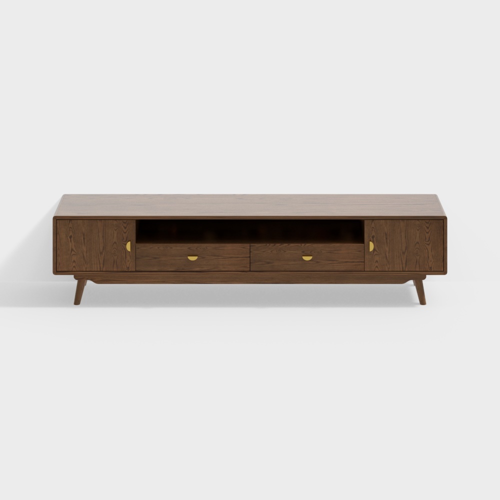 Mid century modern walnut TV stand with gold handles and tapered legs on white background
