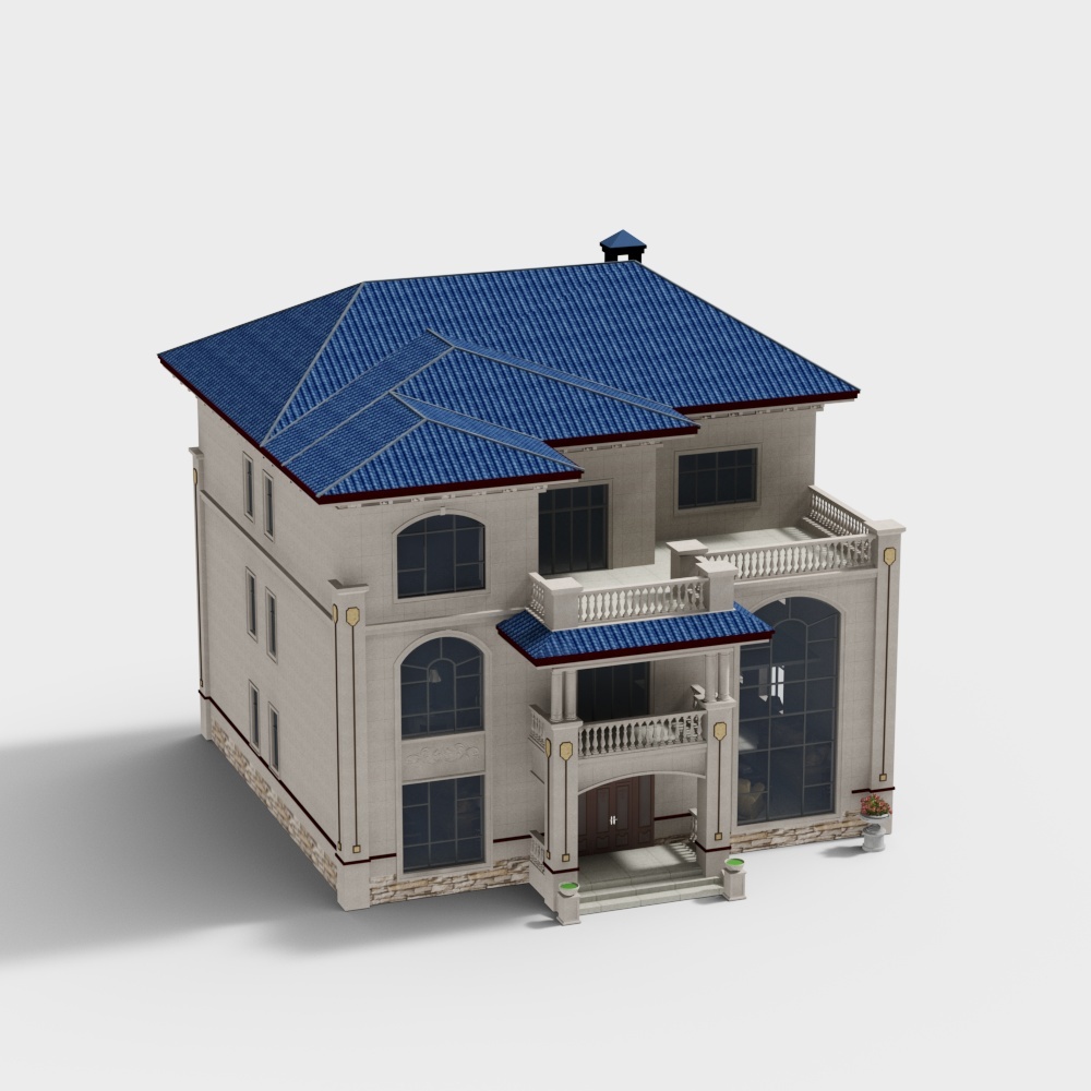 Large two story house with blue roof and beige walls on white background