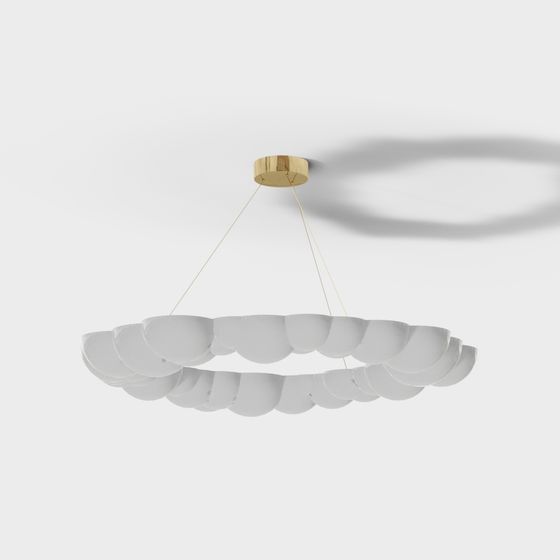 Modern white round ceiling light with gold base and thin hanging wires on grey background