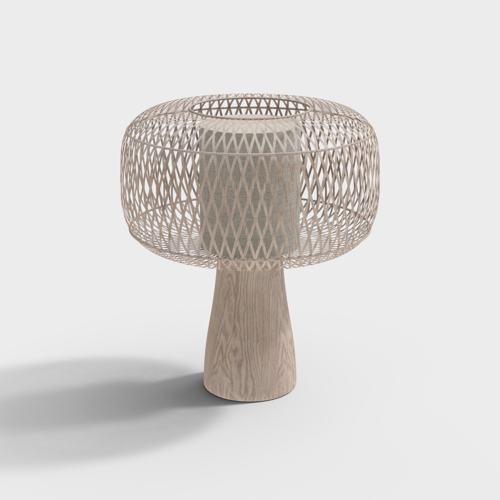Futuristic Low-Poly Table Lamp 3D Model – Wood & Woven Shade