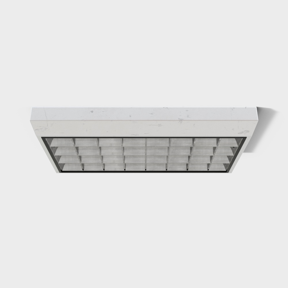 Modern white rectangular ceiling light fixture with grid pattern and black frame on white background