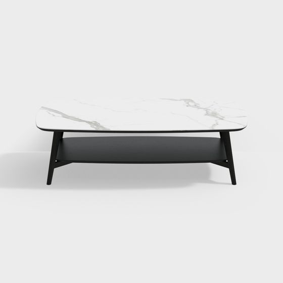 Modern coffee table with white marble top and black wood frame on light grey background
