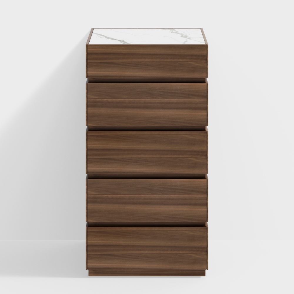 Modern tall brown wood chest of drawers with white marble top on white background