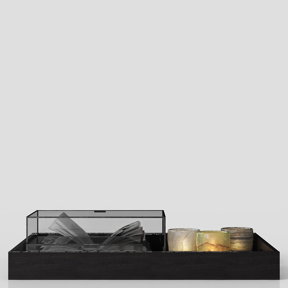 Black wooden tray with glass box and three candle holders on grey background