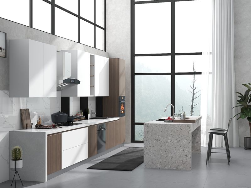 Modern Minimalist Kitchen with Gray Concrete Walls