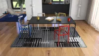 Modern interior design drawing featuring black dining table colorful chairs and a patterned grey rug