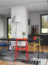 Modern dining room with black table colorful chairs large white floor lamp and grey rug