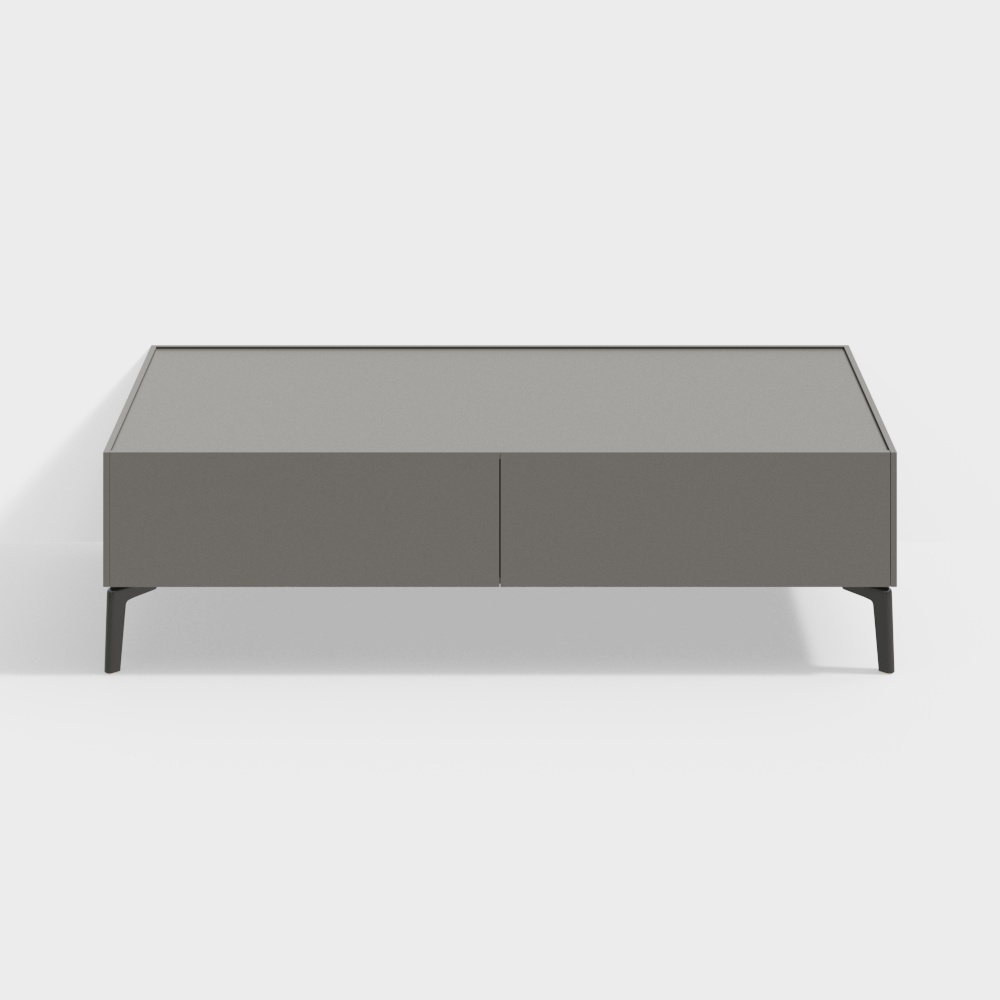 Modern grey low cabinet with two doors and black legs on white background