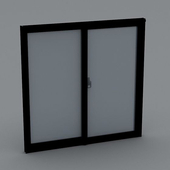 Modern black aluminum sliding window with two glass panes and lock on grey background