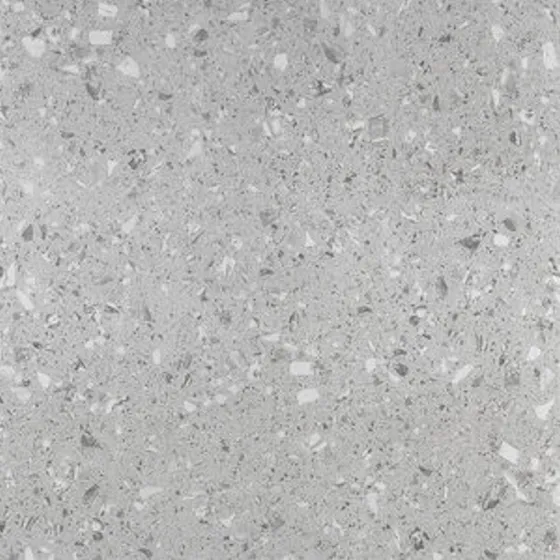 Grey terrazzo floor tile with white and black stone chips on grey background