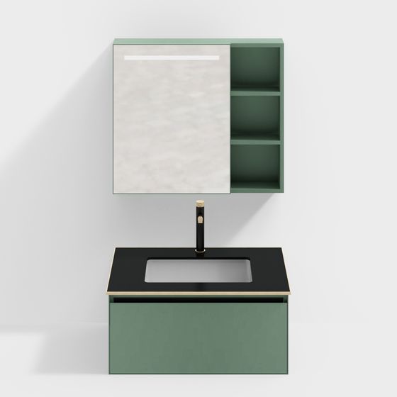 Modern green bathroom vanity with black sink and mirror cabinet on white background