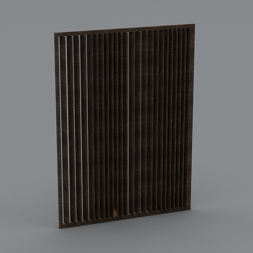Modern dark brown wooden wall panel with vertical slats on grey background