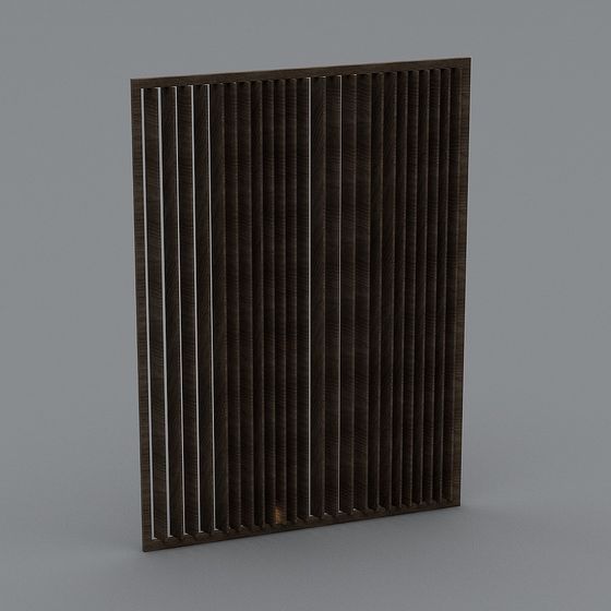 Modern dark brown wooden wall panel with vertical slats on grey background