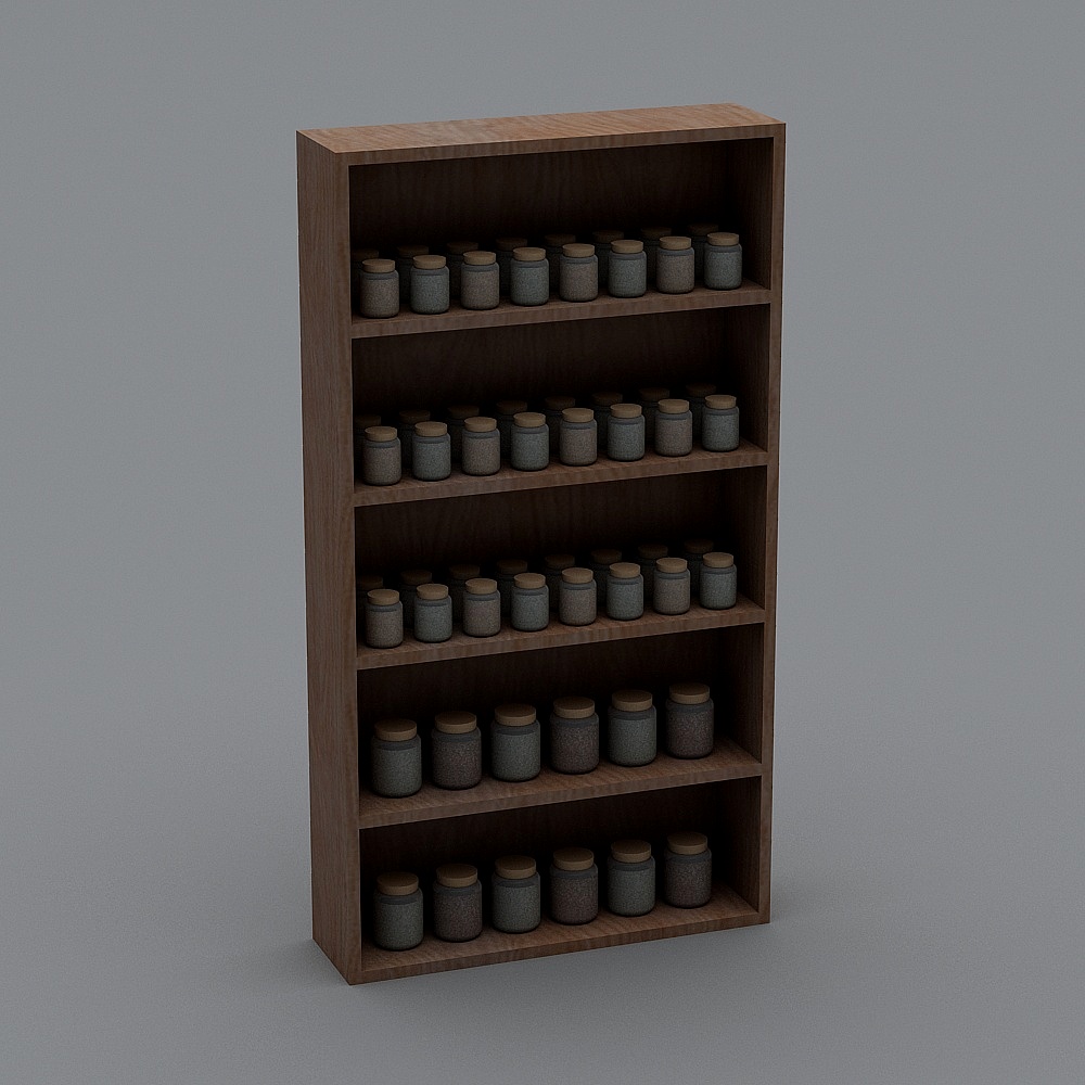 Tall brown wooden bookshelf with five shelves holding many grey jars on grey background